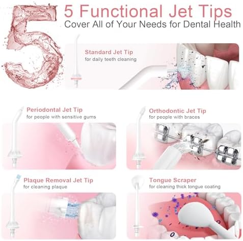 Nicefeel Water Flosser, Portable Water Flosser Cordless for Teeth, Orthodontic, Braces, Sensitive Gums, 5 Jet Tips & 3 Modes, Travel Oral Irrigator Rechargeable with 300ML Water Tank, IPX7 Waterproof - Image 2