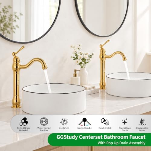 Single Handle Bathroom Vessel Sink Faucet, Polished Gold - Image 5