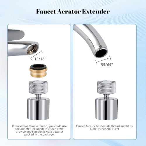 Hibbent Dual-function Metal Faucet Aerator, 2-Flow Big Angle Rotate Kitchen Sink Aerator 360 Degree Swivel Sink Sprayer Attachment, 55/64 Inch Female Thread, Chrome - Image 5
