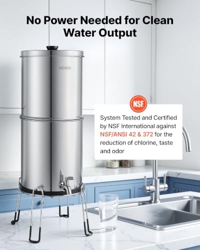 VEVOR Gravity-fed Water Filter System, 2.25G 304 Stainless-Steel Countertop Water Filtration System, Reduces Lead and up to 99% of Chlorine, w/ 2 Carbon Filter, 2 Defluorination Filter, Spigot, Stand - Image 2