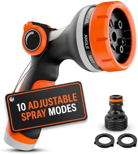 Garden Hose Nozzle, 10 Spray Patterns, Thumb Flow Control, Orange by VIKROM
