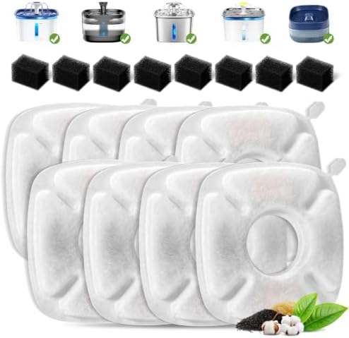 16 Pcs Cat Fountain Replacement Filters：8 Pack Cat Water Fountain Replacement Filters & 8 Pack Pre-Filter Sponges, Pet Fountain Filter Fit for 95oz/2.8L Automatic Pet Fountain Cat Water Fountain by HomeFio