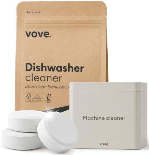 Vove Dishwasher Cleaner Tablet Starter Set, 12 Count with Reusable Storage Tin - Deep Clean Descaler for Hard Water, Limescale and Odor - Enzyme and Oxygen-Powered, Plant-Based Formula by Vove