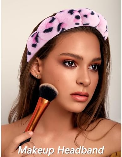 VELSCRUN 6 Pack Spa Headband, Makeup Headband, Face Wash Headbands, Skincare Headbands, Pink Leopard Sponge Hair Band Bow Tie Spa Head Band for Washing Face Wristband Set Hair Accessories for Women - Image 3
