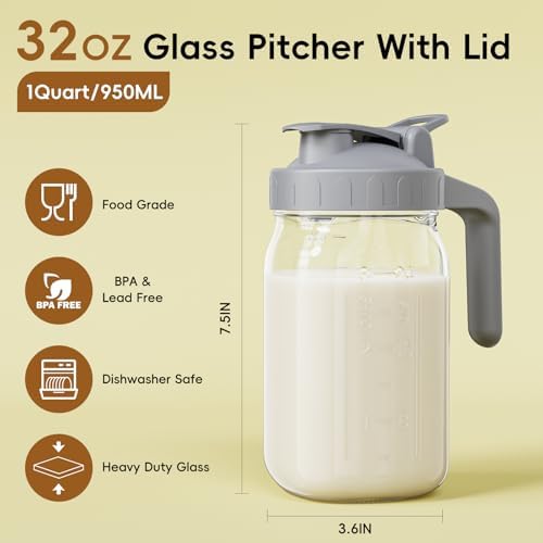 JunVpic Breast Milk Pitcher, 32 oz Wide Mouth Glass Mason Jar with Lid - Image 2