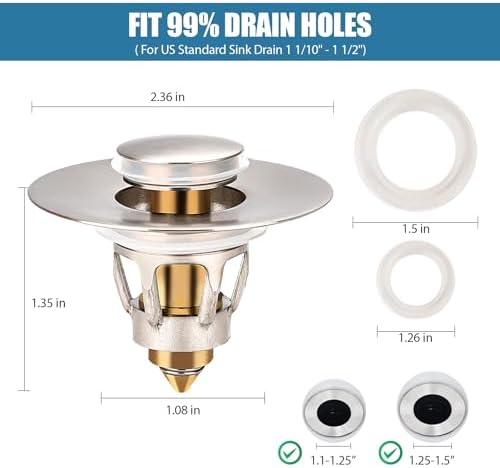 Three colors Brushed Nickel Bathroom Sink Stopper, 1.1-1.5" Bathroom Sink Drain Strainer, Universal WashBasin Pop Up Drain Stopper, Bounce Core Push Type Sink Plug, Anti-Clogging (1PCS) - Image 4