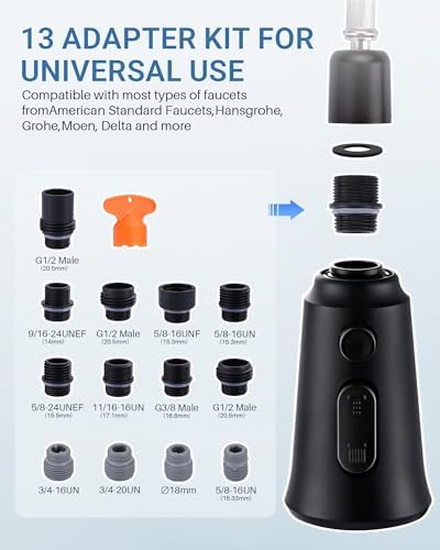 Kitchen Faucet Head Replacement – 304 Stainless Steel 3-Mode Pull Down Spray Head with 13 Adapters, Compatible with Moen Delta Kohler American Standard, Easy DIY Install, Matte Black - Image 6