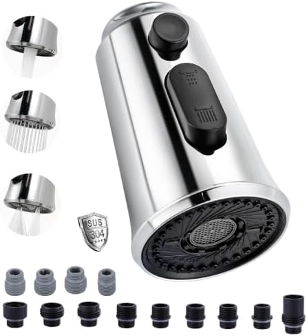 WOWOW Kitchen Faucet Head Replacement – 304 Stainless Steel 3-Mode Pull Down Spray Head with 13 Adapters, Compatible with Moen Delta Kohler American Standard, Easy DIY Install, Chrome by WOWOW