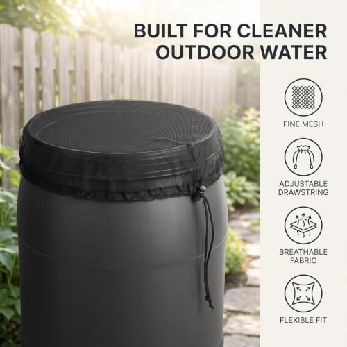 Rain Mesh Screen, Rainwater Barrel Debris, Filter for Rain Barrel, Black Rain Water Collection Bucket Netting Cover with Adjustable Drawstring for Prevents Mosquitoes Leaves Debris Rain Barrels - Image 3