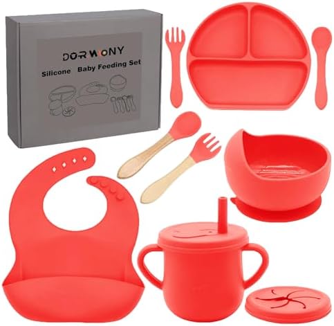 100% Silicone baby feeding set,BPA free Baby dishes set with Suction Bowl Divided Plate,Toddler Self Feeding Dish Set with Spoons Forks Sippy Cup And Bib, Baby Eating Utensils (Scarlet) by Dormlony