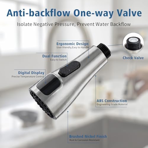 Kitchen Sink Faucet Sprayer Head Replacement, LED Temperature Sensitive Display Pull Down Pull Out Faucet Nozzle (Brushed Nickel) - Image 6