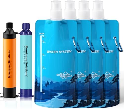 Membrane Solutions Squeezable Water Filtration System, Survival Water Purifier Kit, Portable Backpacking Gear Including Water Filter Straw and 23oz Collapsible Bottle for Hiking Camping Travel(2+4) by MembraneSolutions