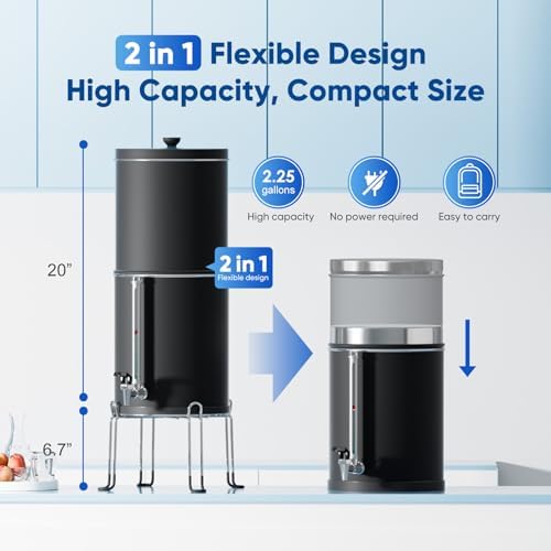 Purewell 3-Stage 0.01μm Ultra-Filtration Gravity Water Filter System, 304 Stainless Steel Countertop System with 2 Filters, Metal Water Level Spigot and Stand, Reduce 99% Chlorine, 2.25G, PW-OB-K - Image 7
