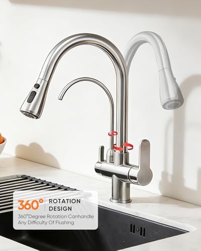 Kitchen Faucet with Water Filter Spout — 2-in-1 Brushed Nickel Pull-Down Sink Faucet, NSF-Certified Filtered Water Tap, Single-Handle with Detachable Deck Plate Fits 1 or 3 Hole by OWOFAN - Image 6