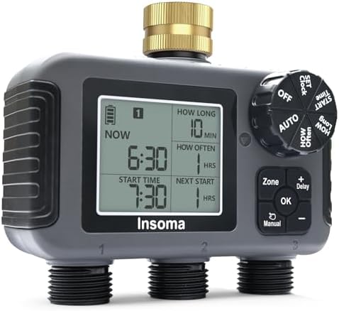 Insoma 3-Zone Sprinkler Timer with Brass Inlet + IPX5 Waterproof | Programmable Auto/Manual Irrigation Mode with Rain Delay & Large LCD | Water Hose Timer 3 Outlets for Garden, Lawn, Yard, Pool by Insoma