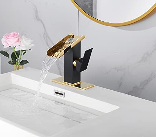 Bathroom Sink Faucet Black Gold 1 Hole Single Handle Waterfall Open Spout Bath Faucets Brass Sinks Lavatory Bath Vanity Faucets Basin Mixer Tap Supply Line Golden Hole Cover Plate - Image 4