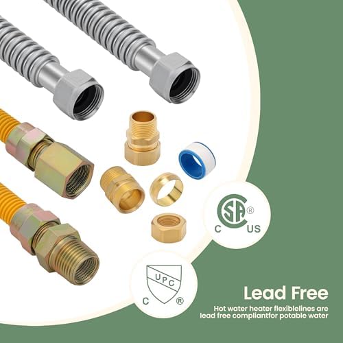 Gas Water Heater Installation Kit – 2 x 18" Corrugated Stainless Steel Water Heater Connectors, 24" Yellow Gas Line with 2 Compression Adapters - Image 3