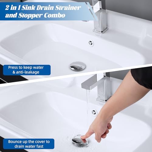 Hibbent All Metal 2 in 1 Bathroom Sink Stopper, Universal Pop Up Drain Strainer, Brass Bullet Core Push Type Sink Stopper for 1.1''~2.3'' Basin, Big Push Button, Anti Clogging Drain Filter, Chrome - Image 3
