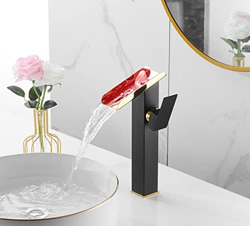 Bathroom Vessel Sink Faucet LED Light Black Gold,Hydropower LED 3 Colors Changing Waterfall Spout, Hot and Cold Water Mixer, Single Handle Single Hole Commercial Residential Bathroom Tap Faucet - Image 5