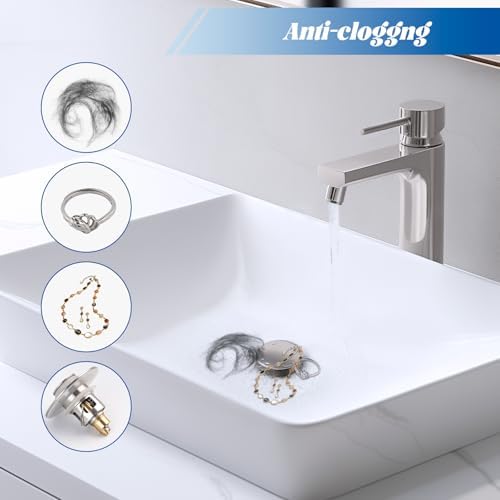 Hibbent 2 Pack All Metal Upgraded Bathroom Sink Stopper, Universal Pop Up Sink Drain Strainer, Brass Bullet Core Push Type Stopper for 1.1''~2.3''' Basin, Anti Clogging Drain Filter, Brushed Nickel - Image 4