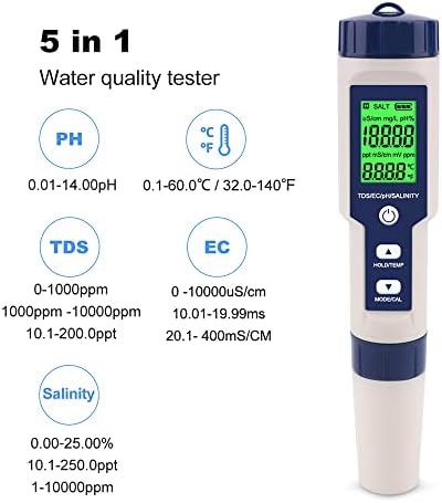 PH Meter for Water 5 in 1 PH Temp TDS and EC Meter,Salinity Meter,PH Tester Digital,TDS Meter Digital Water Tester&Pool Salt Tester for Swimming Pool. - Image 2
