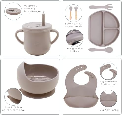 100% Silicone Baby Feeding Set, BPA Free, 9 Pcs: Suction Bowl, Divided Plate, Toddler Self Feeding Dish Set with Spoons, Forks, Sippy Cup, Bib, Beige - Image 3