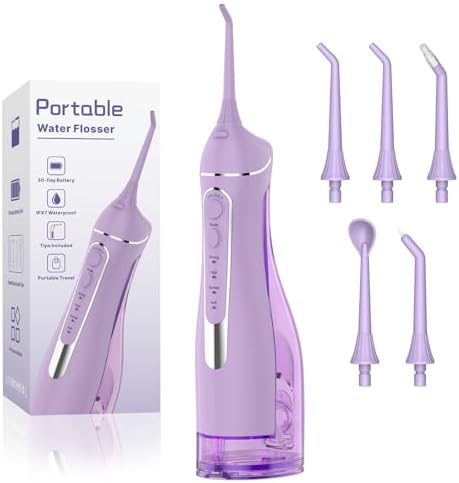Cordless Portable Water Flosser with 300ML Tank: Rechargeable Oral Irrigator with 5 Tips for Travel, Braces Care and Sensitive Gums, IPX7 Waterproof Teeth Cleaning Device(Purple) by Unknown