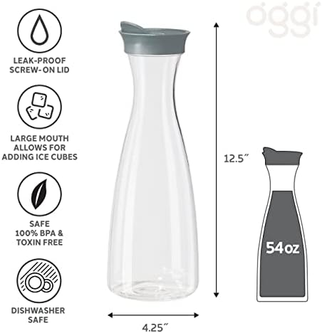 OGGI Clear Carafe w/Flip Open Lid - Ideal Juice Bottle, Clear Pitcher with Lid, Tea Pitcher, Water Carafe, 1.6 Lt(54Oz), Gray - Image 6