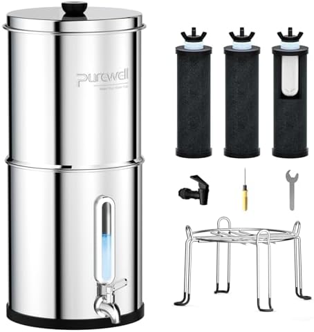 Purewell 2.25G Gravity-fed Water Filter System with 3 Filters, 3-Stage Ultra-Filtration Stainless Steel Countertop System with Water Level Window, Reduce 99% Chlorine, 9,000G Filter Capacity, PW-KS-3C by Purewell