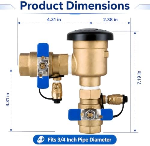 3/4 Inch Backflow Preventer, Brass Pressure Vacuum Breaker Assembly, 400 PSI Sprinkler Backflow Valve for Lawn Irrigation, Garden Water Lines and Outdoor Anti-Siphon Protection - Image 2