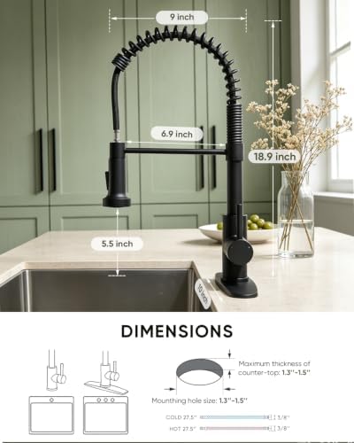 Matte Black Kitchen Faucet with Pull-Down Sprayer — Commercial Spring High-Arc Single-Handle Sink Faucet, Fits 1 or 3 Hole for Farmhouse, Bar, Camper and Laundry Room - Image 5