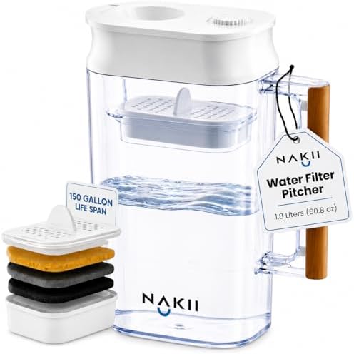 Nakii Water Filter Pitcher 1.8L - Long Lasting 150 Gallons Filtered Water Pitchers With Fast Filtration & Purification Technology - Removes Chlorine, Metals For Clean Tasting Water - WQA Certified by Nakii