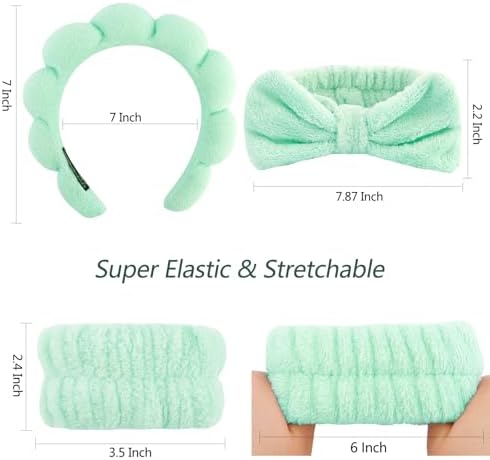 VELSCRUN Spa Headband, Makeup Face Wash Skincare Headbands, 6 Pcs Bright Green Sponge Bow Tie Get Ready HairBand Facial Wristband Set, Stuff for Teen Girls Women Trendy Fashion Hair Accessories - Image 6