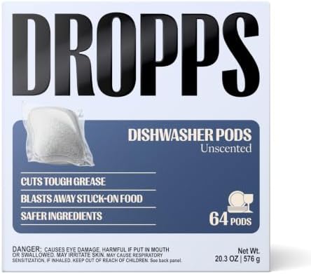 Dropps UltraWash Dishwasher Detergent Pods, Unscented (64 Ct) - Free & Clear | Cuts Grease & Stuck-On Food | Sparkling Dishes & Glasses | Residue-Free | Clean Ingredients | Plastic Free Packaging by Dropps