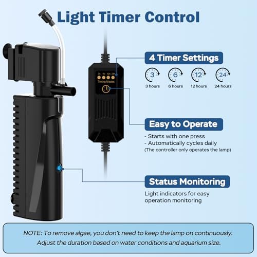 Aquarium U-V Filter for Green Water, Fish Tank Filter with U-V Light & Timer, Turtle Tank Filter with Dual Outlet & Aeration, for 20-70 Gallon Freshwater & Saltwater - Image 6