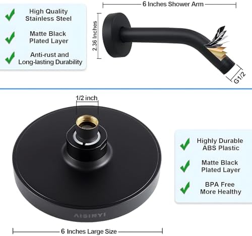 6" Rain Shower Head & 6" Shower Arm, Luxury Matte Black Finish - Image 5