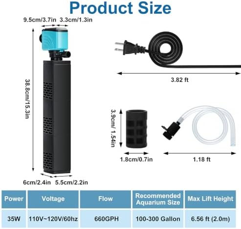 DaToo Aquarium Filter 100-300Gallon Fish Tank Filter 660GPH Powerful Pump For Aquariums Adjustable Air Flow Submersible Internal Aquarium Filters For Pond Wavemaker Air Supply Freshwater And Saltwater - Image 2