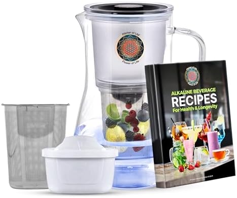 New Glass Pitcher of Life Alkaline Water Pitcher with Steel Infuser Premium Water Purifier & Alkalizer | Alkaline Beverages Recipes Book by LifeIonizer