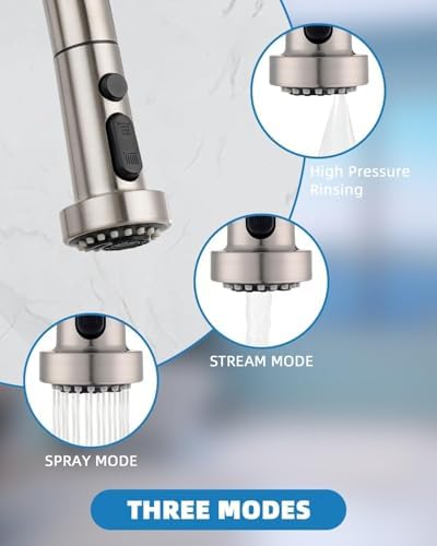 Hibbent NSF/ANSI/CAN 61 & CUPC Certified Pull Down Kitchen Faucet Head Replacement, 3 Function Sink Faucet Sprayer Nozzle with 15 Adapters, Compatible with Moen, Delta, Kohler Faucets, Brushed Nickel - Image 2