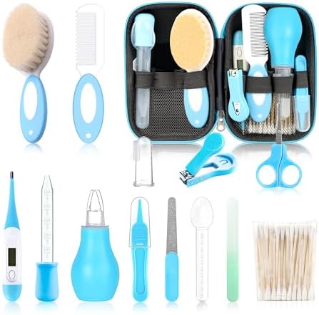 Baby Grooming Kit，Infant Safety Care Setwith Hair Brush Comb Nail Clipper Nasal Aspirator, Baby Essentials Kit for Newborn Girls Boys (14 PC-Blue Kit) by WXA
