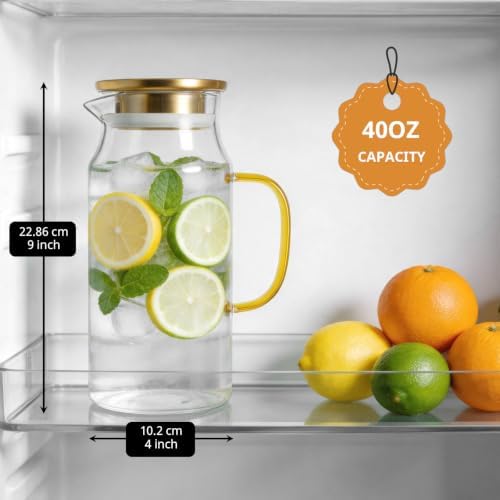 Bivvclaz 1.2 Liter 40 oz Small Gold Glass Pitcher with Lid and Handle, Glass Carafe for Hot/Cold Water, Iced Tea Jug for Coffee, Juice and Homemade Beverage - Image 2