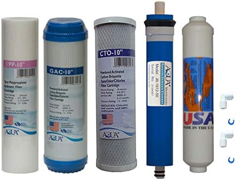 5 Stage Reverse Osmosis Replacement Filter Set with 50 GPD Membrane, Inline Carbon postfilrer (made in USA) and QC Fitting by MyWaterClub