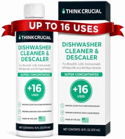 Think Crucial Dishwasher Cleaner & Descaler, 15 Uses, 75% Savings Per Use – 32% Citric Acid Liquid Concentrate – Whirlpool, Bosch, KitchenAid, Samsung, LG – 16 FL OZ by ThinkCrucial