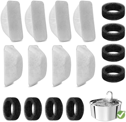 16 Pcs Cat Water Fountain Filters Replacement for 108oz/3.2L & 84oz/2.5L Pet Water Fountain,Including 8 Pcs Cat Water Fountain Filter & 8 Pcs Pre-Filter Sponges Foam Filter by ROCK+BEARD