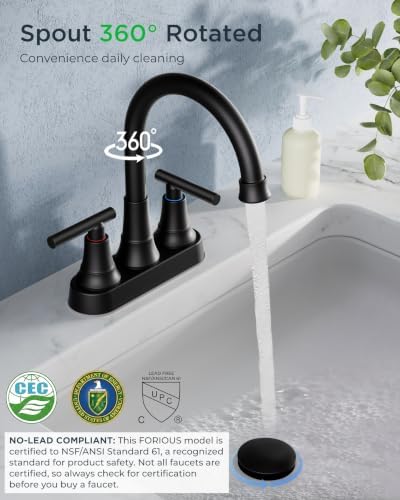 FORIOUS 2 Pack Black Bathroom Faucets, 4 Inch Centerset Faucet Commercial - Image 2