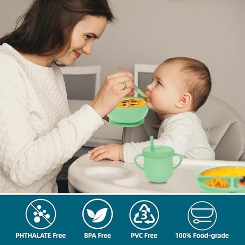 100% Silicone baby feeding set,BPA free Baby dishes set with Suction Bowl Divided Plate,Toddler Self Feeding Dish Set with Spoons Forks Sippy Cup And Bib, Baby Eating Utensils (Neon Green) - Image 6