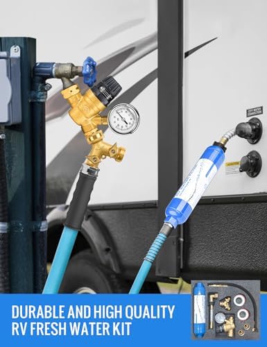 RV Water Pressure Regulator Kit, RV Fresh Water Kit All-in-One Sprinkler Blowout Adapter, Inline Water Filter, Hose Splitter, Brass Elbow, Flexible Connector, Hose Quick Connects, Leak Repair Kit - Image 4