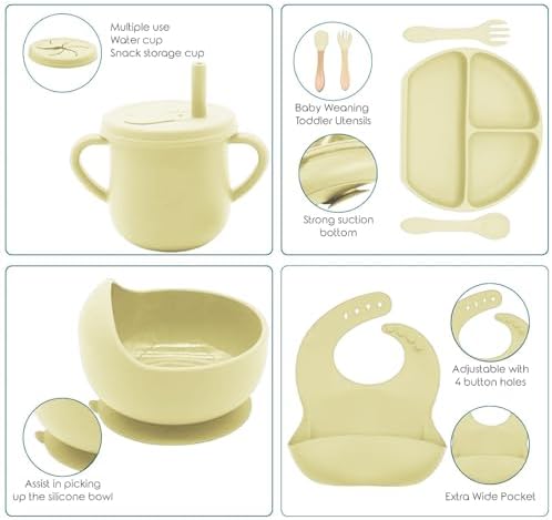 100% Silicone baby feeding set,BPA free Baby dishes set with Suction Bowl Divided Plate,Toddler Self Feeding Dish Set with Spoons Forks Sippy Cup And Bib, Baby Eating Utensils (Yellow) - Image 4