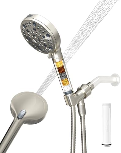 Filtered Handheld Shower Head for Hard Water, High Pressure Showerhead with 7 Spray Modes, Power Jet & Pause, Detachable & Adjustable for Healthier Skin & Hair - Brushed Nickel (VMASSTONE HM-003) by VMASSTONE