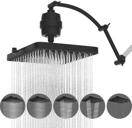 Hibbent Rain Filtered Shower Head, 13'' High Pressure Rainfall 5 Modes Showerhead with 16" Shower Head Extension Arm, Solid Brass Adjustable Shower Arm Extender, 20 Stage Shower Filter, Matte Black by Hibbent